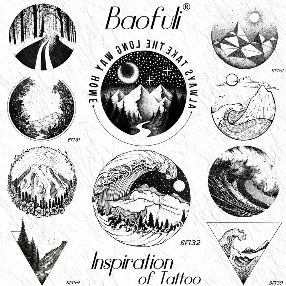 

Sea Wave Mountain Moon Star Fun Temporary Tattoo Sticker Forest Round Custom Fake Tattoos DIY Waterproof Body Arm Black Tatoo