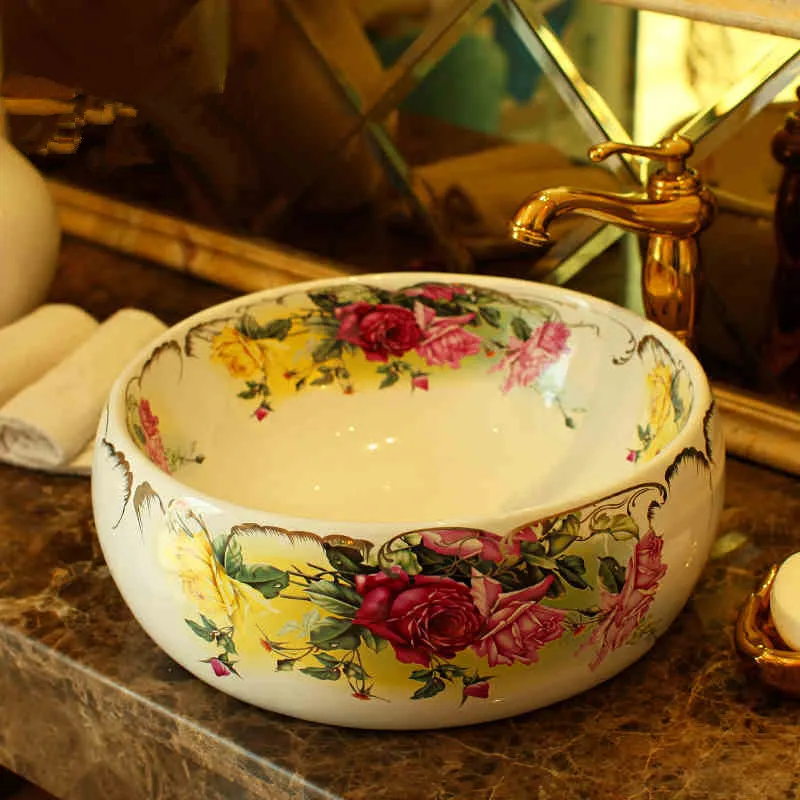 

Rose China Artistic Painting Handmade Ceramic washing basin Bathroom wash basin Sink Counter top bathroom sink bowl