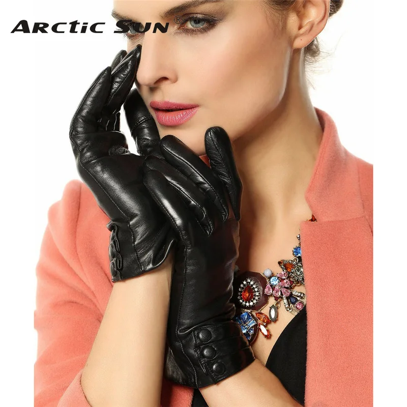 Fashion Genuine Leather Gloves For Women Thermal Winter Wrist Solid Sheepskin Gloves Female Free Shipping L003NC