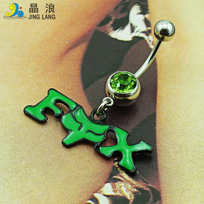 JINGLANG Body Jewelry Fashion Belly Button Rings Surgical Steel Barbells Dangle Green Enamel Letter Navel Piercing Jewelry