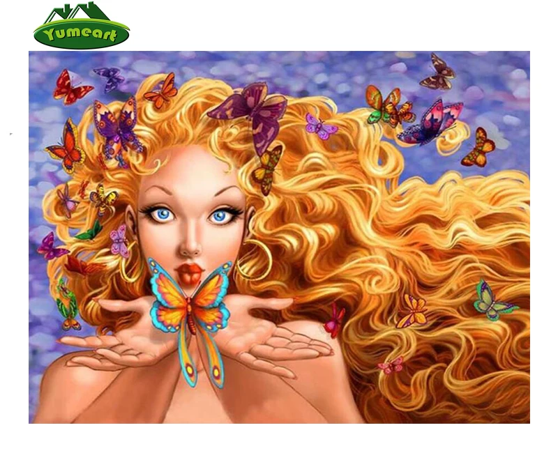 Butterfly Beauty Yellow Hair Diy Diamond Embroidery Square Diamond Painting Cross Stitch Full Mosaic Crafts Knitting Needles