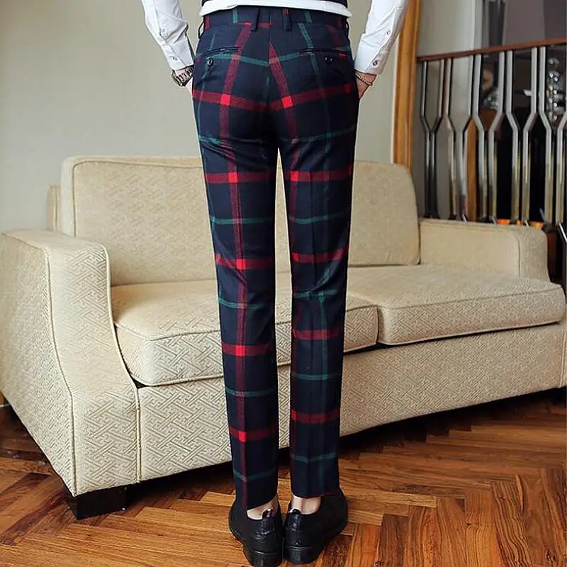 Fashion Men Trousers Red Mens Plaid Suit Trousers Men Dress Pants Slim Fit Plaid Pants Casual Suit Office Business