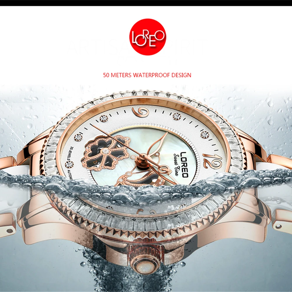 Waterproof 50M Women Luxury Rhinestone Ceramic Steel Automatic Mechanical Watches Ladies Business Watch LOREO Relogio Feminino