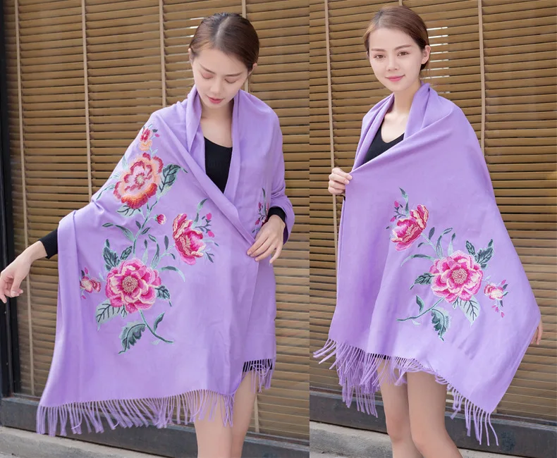 Embroidery Cashmere Scarf Winter Women Tassel Floral Pashmina Hijab Flowers Thick Scarves Long  Shawls Size 200*70cm