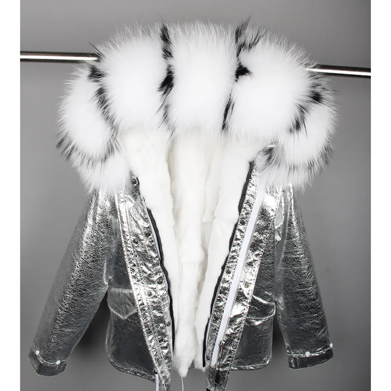 Maomaokong Rabbit Fur Lined Parka Natural Real Fur Coat Silver Coat Winter Jacket Women Raccoon Fox Fur Collar Warm Parkas