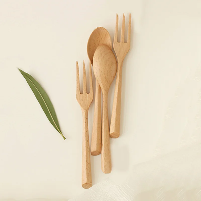 New 4 pcs 7.5'' 19cm Beech Wooden Dinnerspoon fork set Coffee Tea Dessert Cake Teaspoon Forks Wood Cutlery Dinnerware Set  Kids