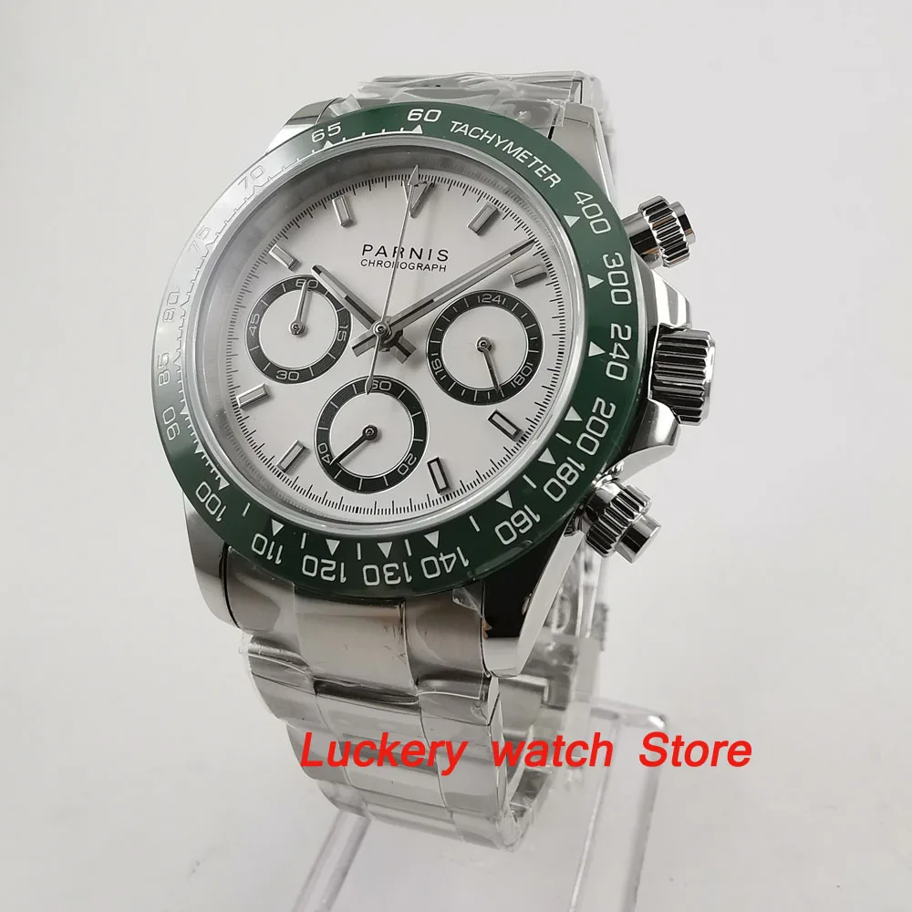 

Parnis 39mm Chronograph luminous watch sapphire glass green bezel Quartz men's watch-PQ05