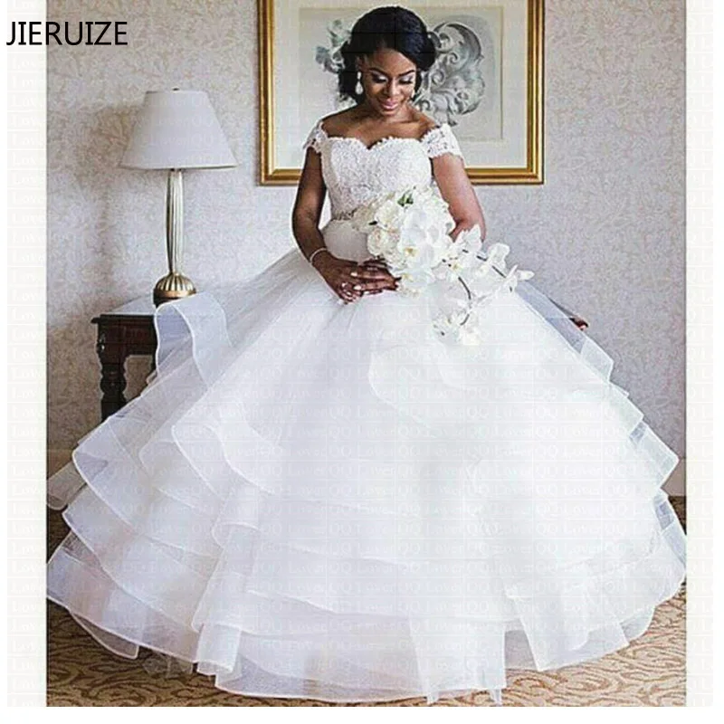 

JIERUIZE White Lace Appliques Tiered Wedding Dresses Sweetheart Off The Shoulder Bride Dresses Cheap Wedding Gowns