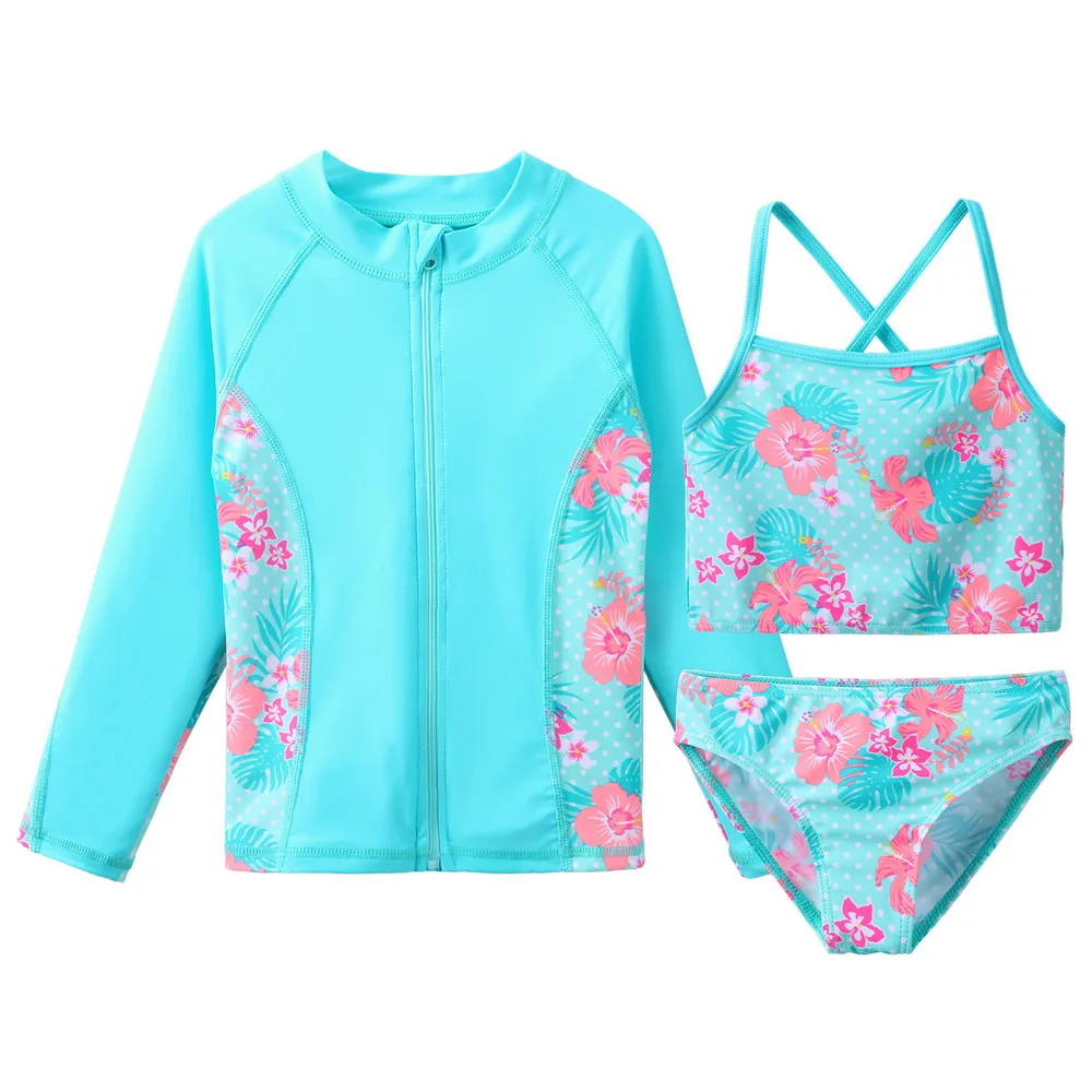 BAOHULU Children\'s Swimwear Cyan Floral Swimsuit Girls Bikini Tankini Set Swimwear Kids Long Sleeve Swimming Suits for Girl
