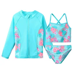 BAOHULU Costumi da Bagno Per Bambini Ciano Floreale Costume Da Bagno Delle Ragazze del Bikini di Tankini Set Costumi Da Bagno Per Bambini A Manica Lunga Costumi Da Bagno per la Ragazza