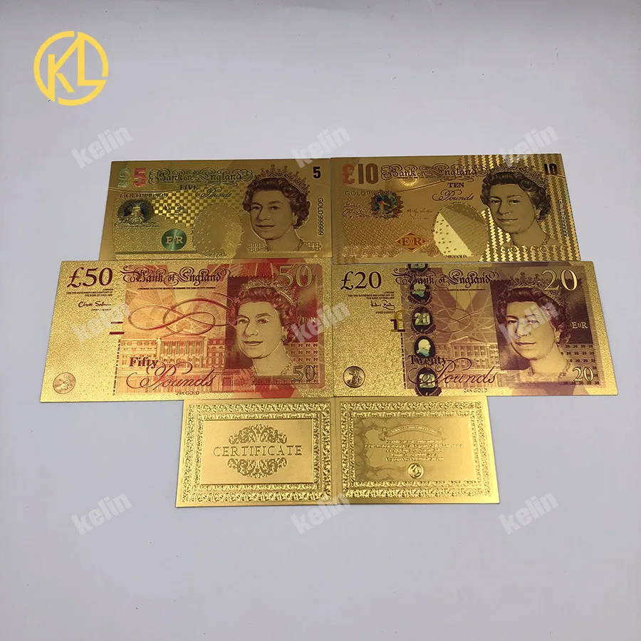 4 قطعة/الوحدة المملكة المتحدة الملونة الذهب الأوراق النقدية الجنيه الأوراق النقدية مجموعة في 24k مطلية بالذهب وهمية البلاستيك ورقة المال لجمع #1