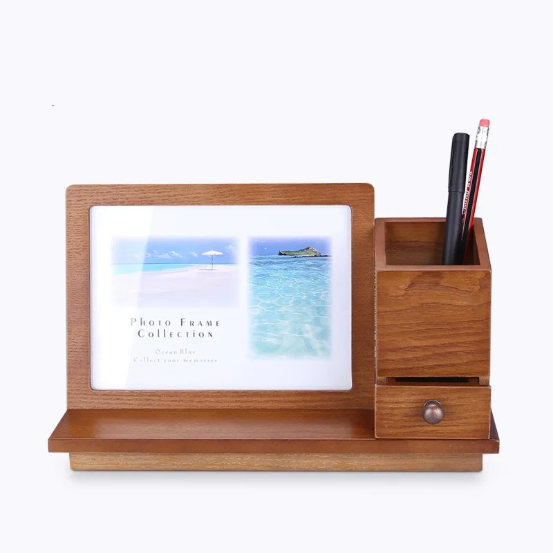 Wooden Photo Frame with Pen Holder, Creative European Retro Style Wedding Photo Frame