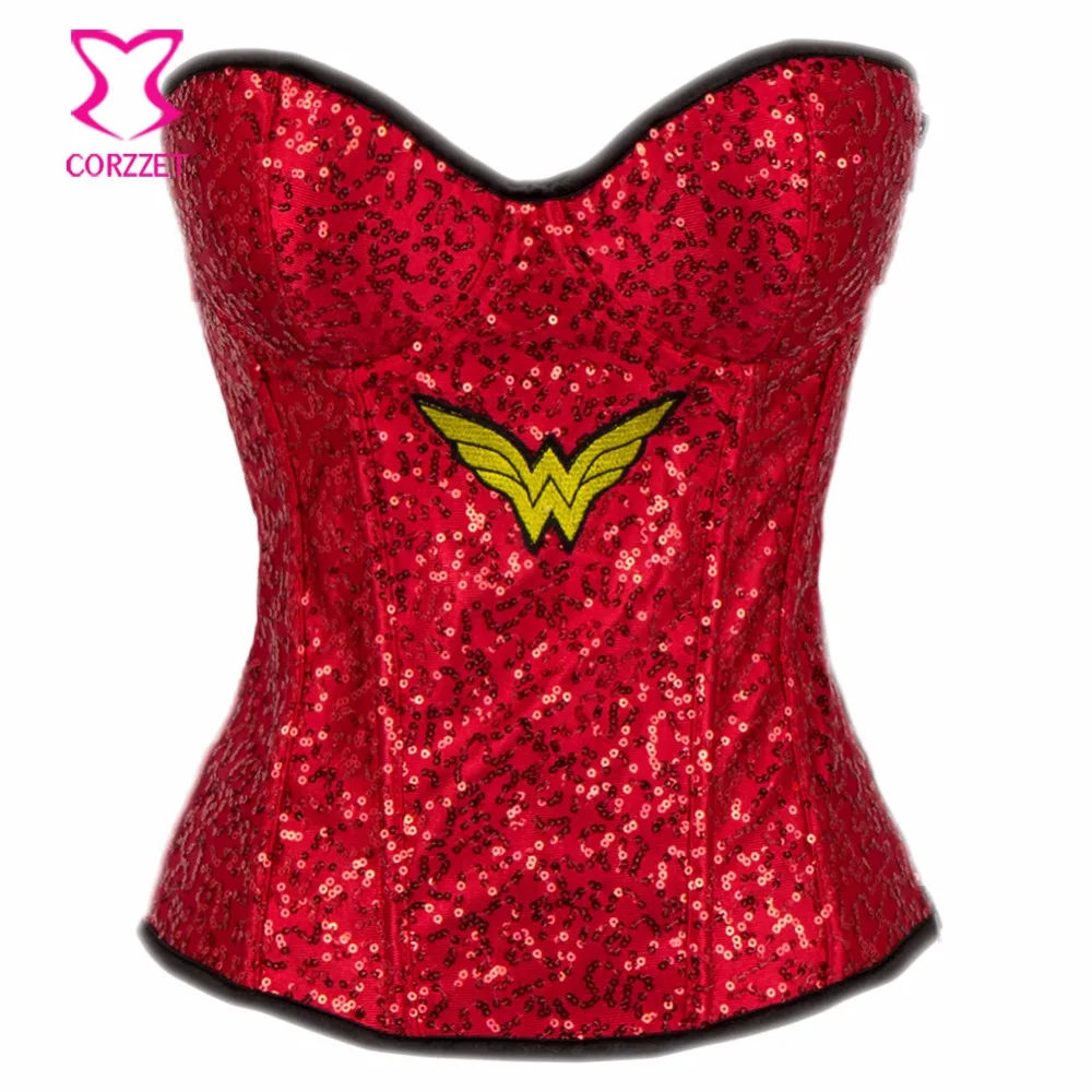 

Corzzet Red Sequins Superwoman Overbust Steampunk corsets And Bustiers Waist Trainer Burlesque Woman Sexy Costume Gothic Corset