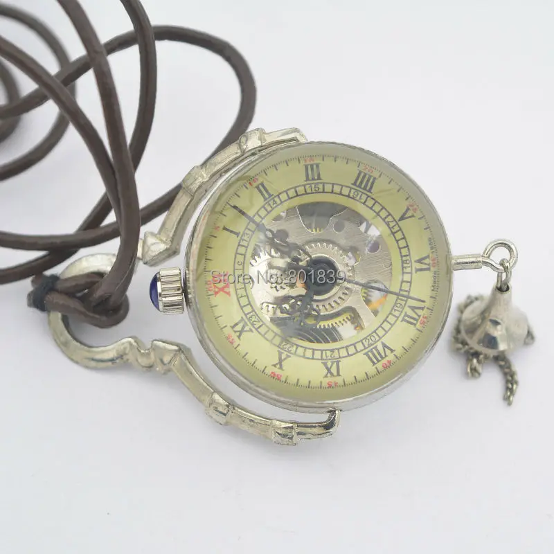 

See Through SilverTone Crystal Ball Design Wind Up Mechanical Pocket Watch +Leather Chain Nice Gift Wholesale Price H047