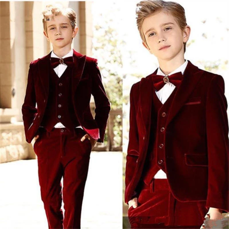 

Burgundy Boy Formal Suits Dinner Tuxedos Velvet Little Boy Groomsmen Kids Children Special Occasion Suit Formal Wear