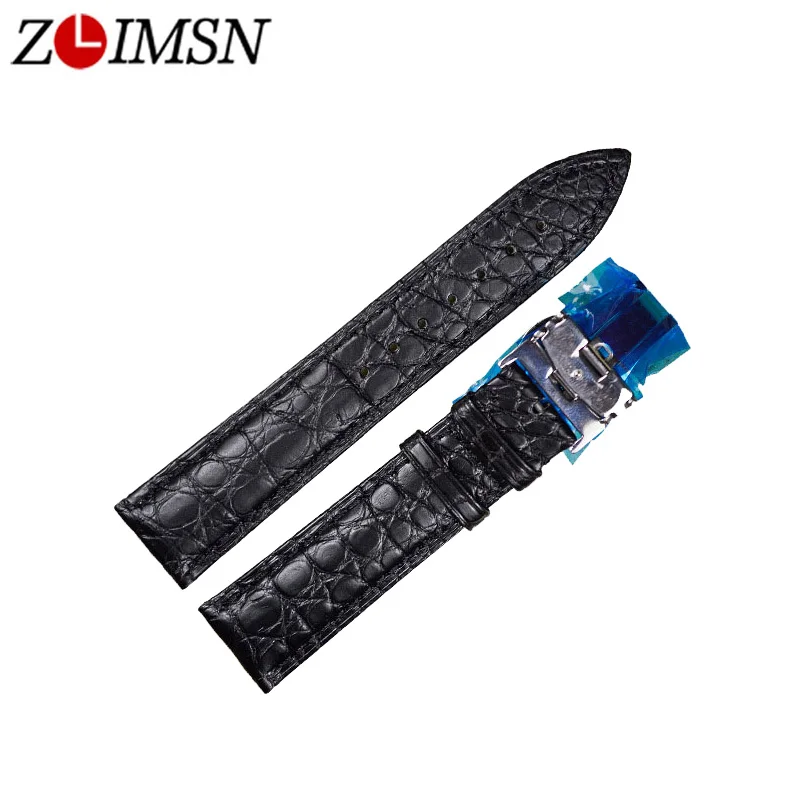 

ZLIMSN Alligator Leather Watch Bands Strap 20mm Black Beiges Crocodile Genuine Leather Watchbands Silver Butterfly Buckle