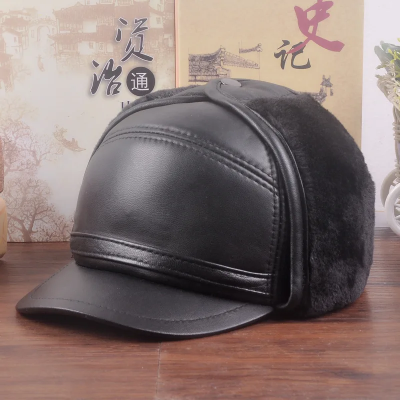 

New Leather Hat Adult Winter Warm Sheepskin Cap Male Imitation Mink Earmuffs Cap Elderly Peaked Cap New Year Gift B-7273