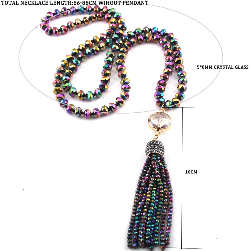 Fashion Bohemian Tribal Jewelry Long Glass Knotted Crystal Link Tassel Necklaces Women Ethnic Necklace