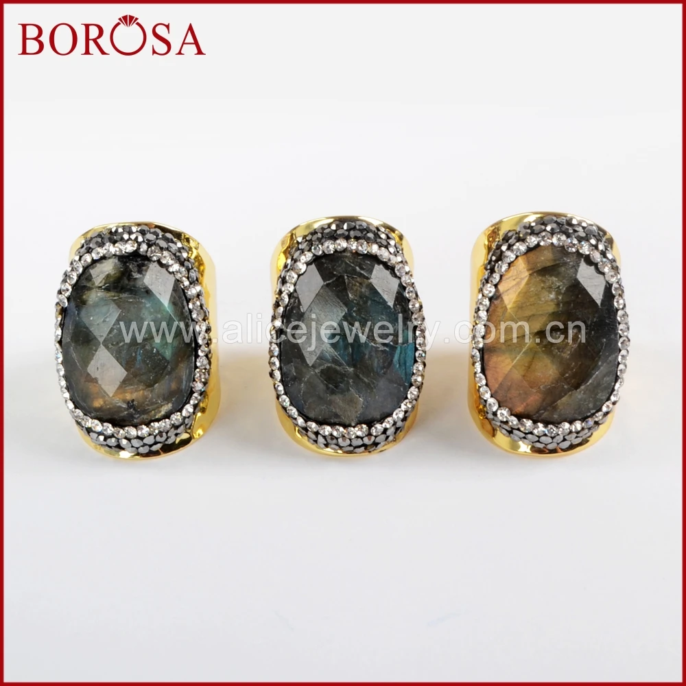 BOROSA 5/10PCS Natural Labradorite Stone Gold Color Band Rings, New Freeform Gems Stone pave cz Adjustable Rings Jewelry JAB899