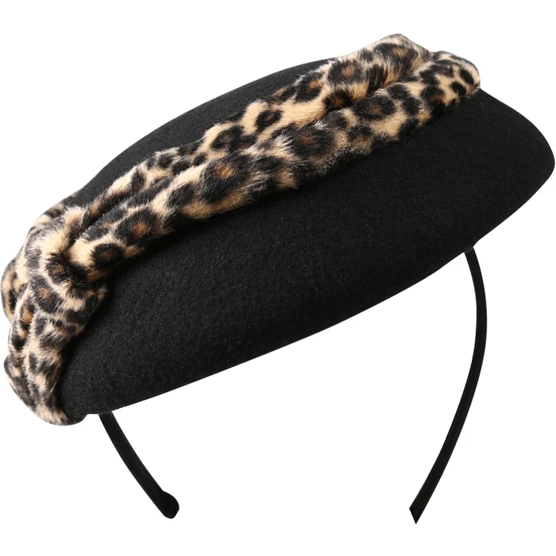 FS czarny Fascinator dla kobiet Leopard kaszkiet 100% wełna ślub Vintage sukienka do kościoła kapelusze koktajl czuł czapki Fedora