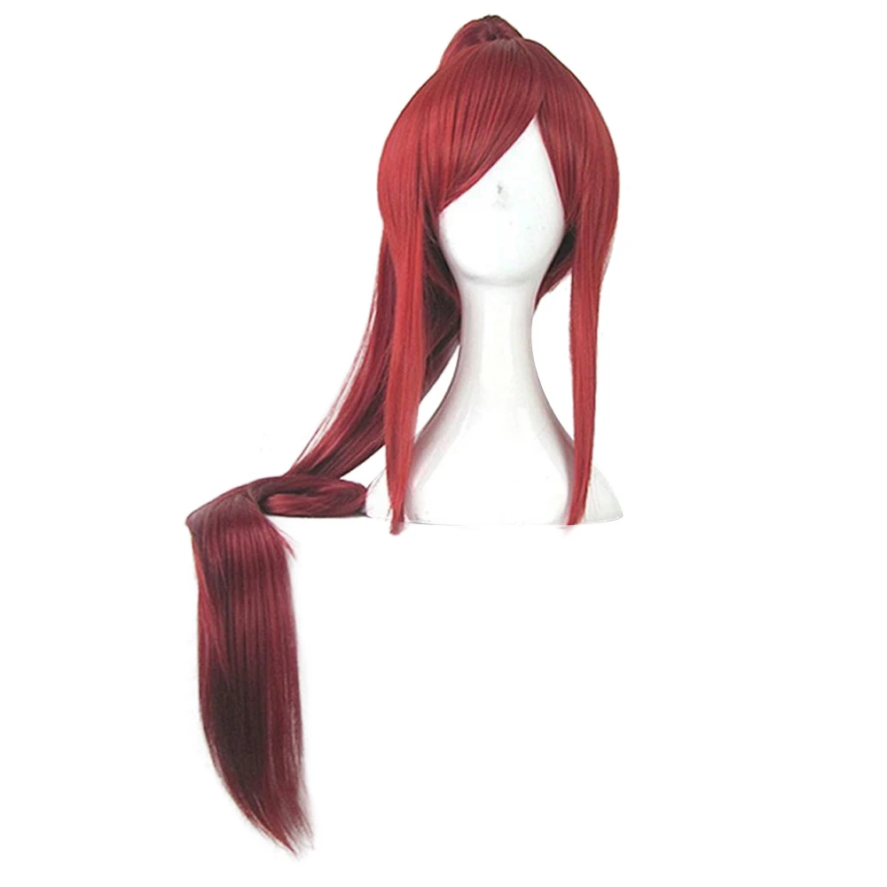 Erza planchers let-Perruque de Cosplay Rouge Profond de 100cm de Long, avec 1 Queue de Cheval et Bonnet