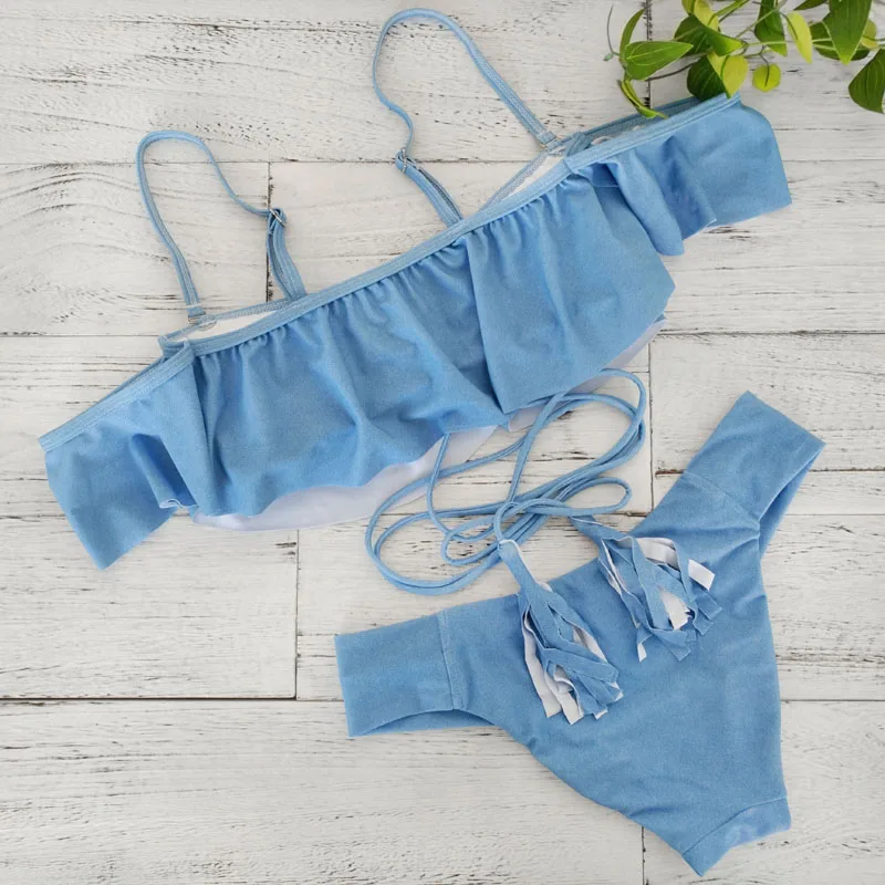 2021 Summer Off Shoulder Ruffle Tassel Bikini Sexy Summer Beach Hollow out Swimsuit Blue Push Up Two-Piece Suit Women swimwear