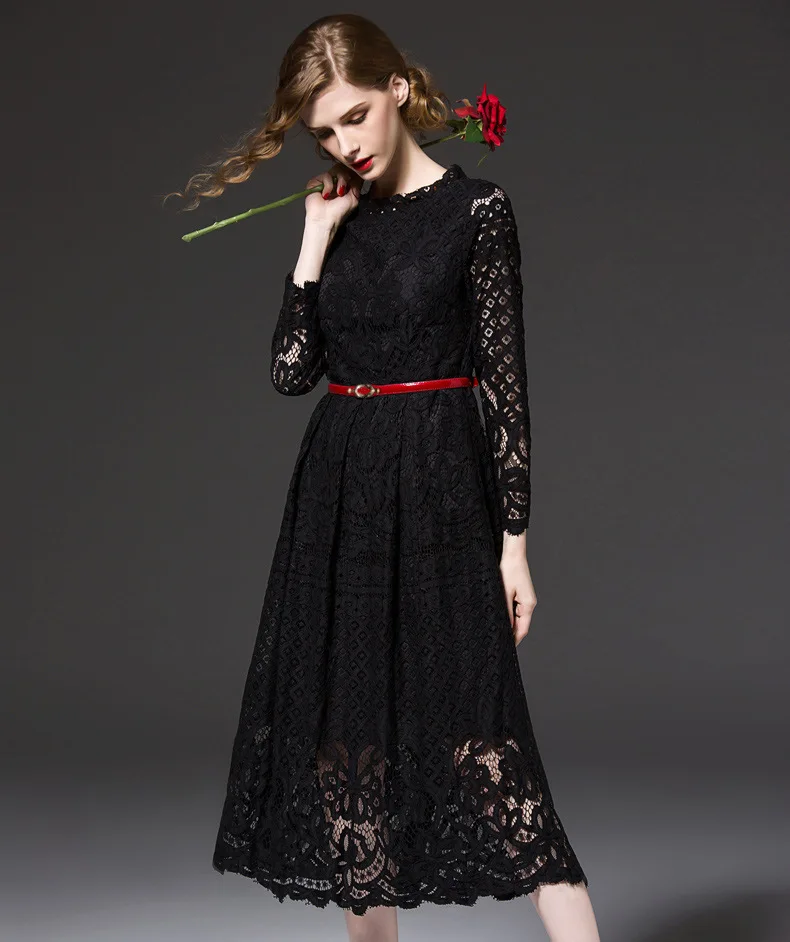 Autumn Elegant High Quality Sexy Floral Lace Long Sleeve Fashion Hollow Out Dresses Party Evening Runway Dress Vestidos