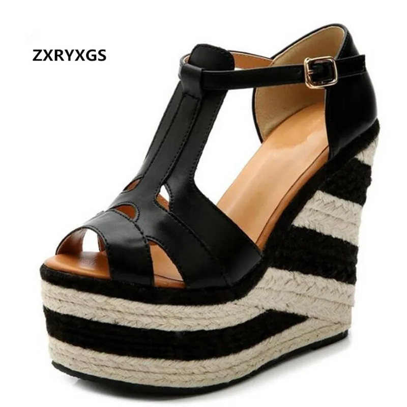 2024 New Summer Women Sandals Shoes National Wind Hit Color Heavy-bottomed Flax Wedge Sandals Roman Ultra-high-heeled Sandals