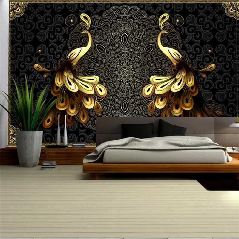 wellyu Luxury European black gold peacock background wall custom large mural home decor wallpaper papel de parede quarto