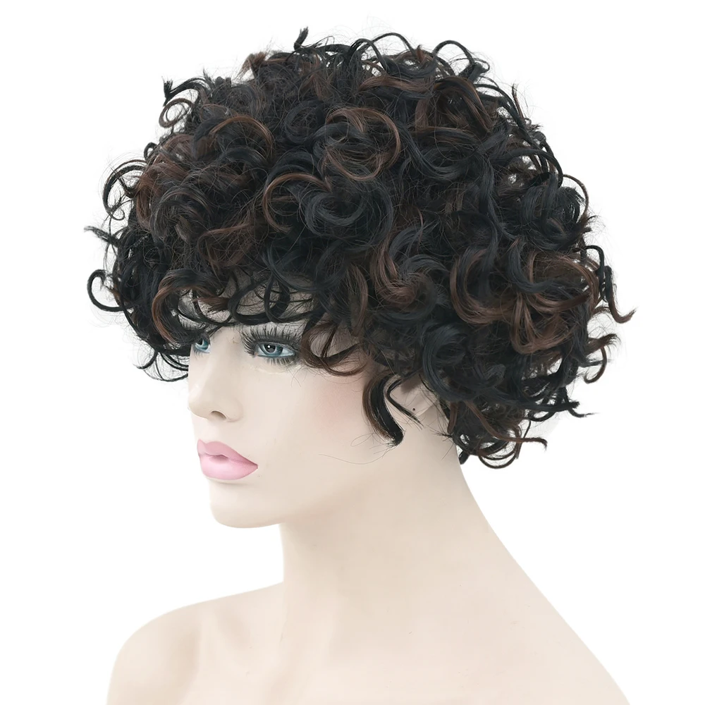 Soowee-peluca corta rizada para hombre y mujer, pelo sintético Afro, color negro, marrón mezclado, para Cosplay