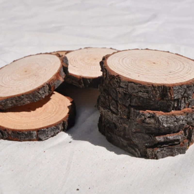 50 pcs rough cut wood rounds with rough bark for rustic crafts