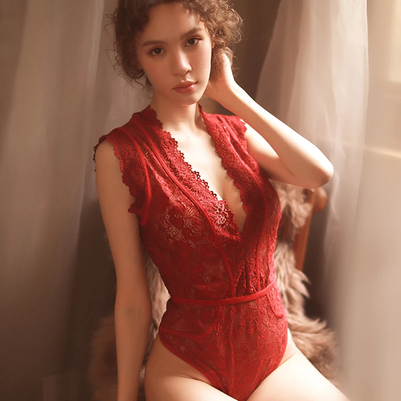 Yhotmeng new woman sexy lace perspective deep V lace shoulder underwear one-piece pajamas sleepwear