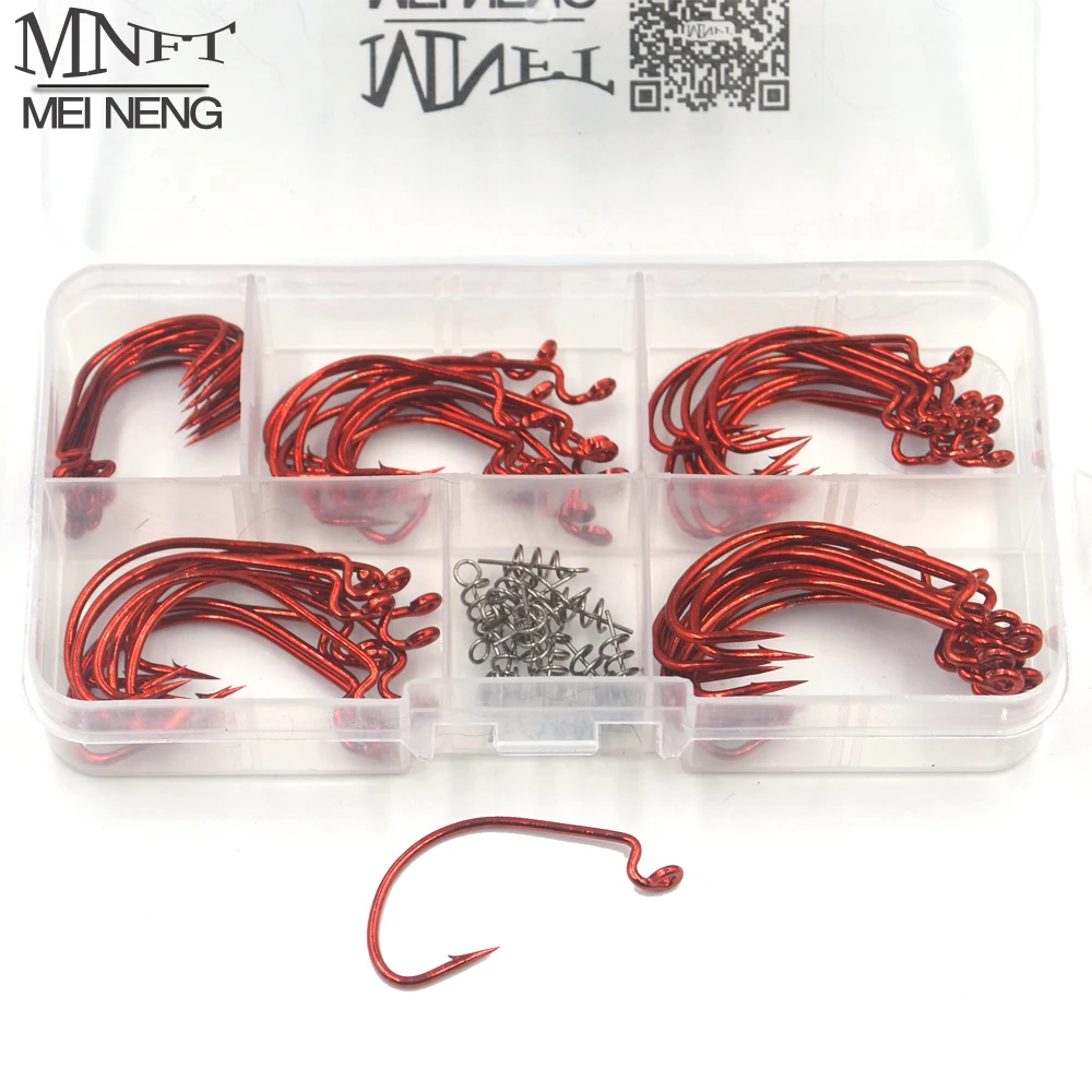 MNFT 60Pcs Red Crank Hooks+15Pcs Soft Lure Connector/Set High Carbon Steel Size 1# 2# 1/0# 2/0# 3/0# Soft Worm Bait Fishing Hook