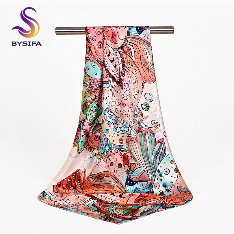 

[BYSIFA] New Brand Female Pink 100% Silk Scarf Fashion Luxury Floral Pattern Women Square Scarves Spring Autumn Head Neck Scarf