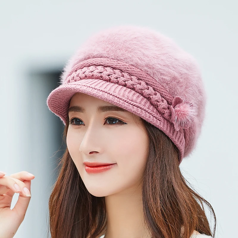 New Women Rabbit Fur Knitted Berets Hats Casual Solid Color Autumn Winter Hat Female Bonnet Caps Boina Feminino