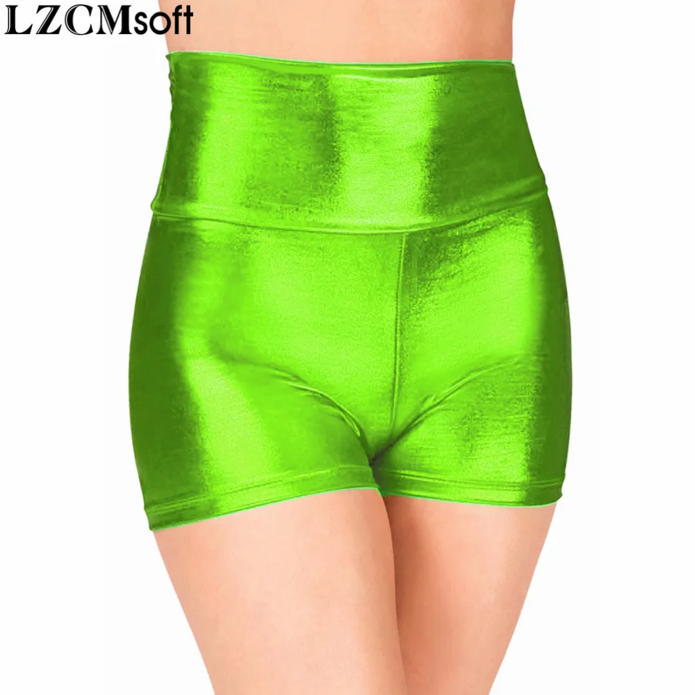 Lzcmsoft adulto fúcsia cintura alta dança shorts sexy molhado olhar magro rave booty palco desempenho shorts cuecas metálicas