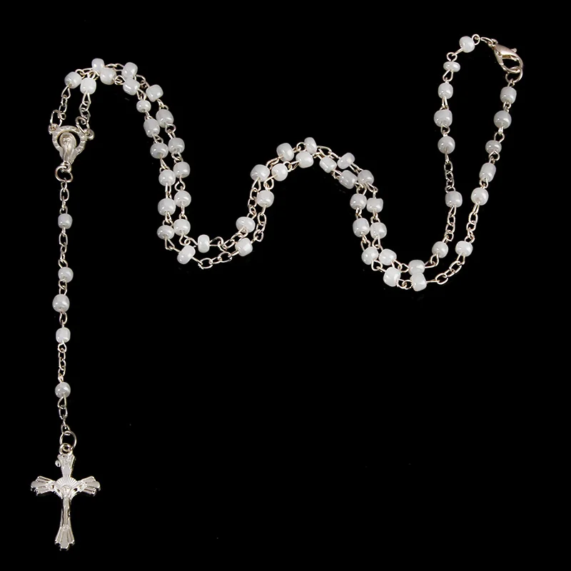 Glass Pearl Rosary Necklace Jesus Christ Cross Pendant Necklace Long Chain Men\'s and Women\'s Virgin Mary Christian Fashion Jewel