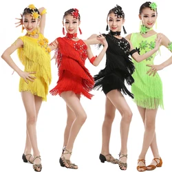 Kids Sequins Tassels Competition Dance Latin Dress Girls Gymnastics Practice Party Dancing Dress Stage Wear Dancewear Costumes