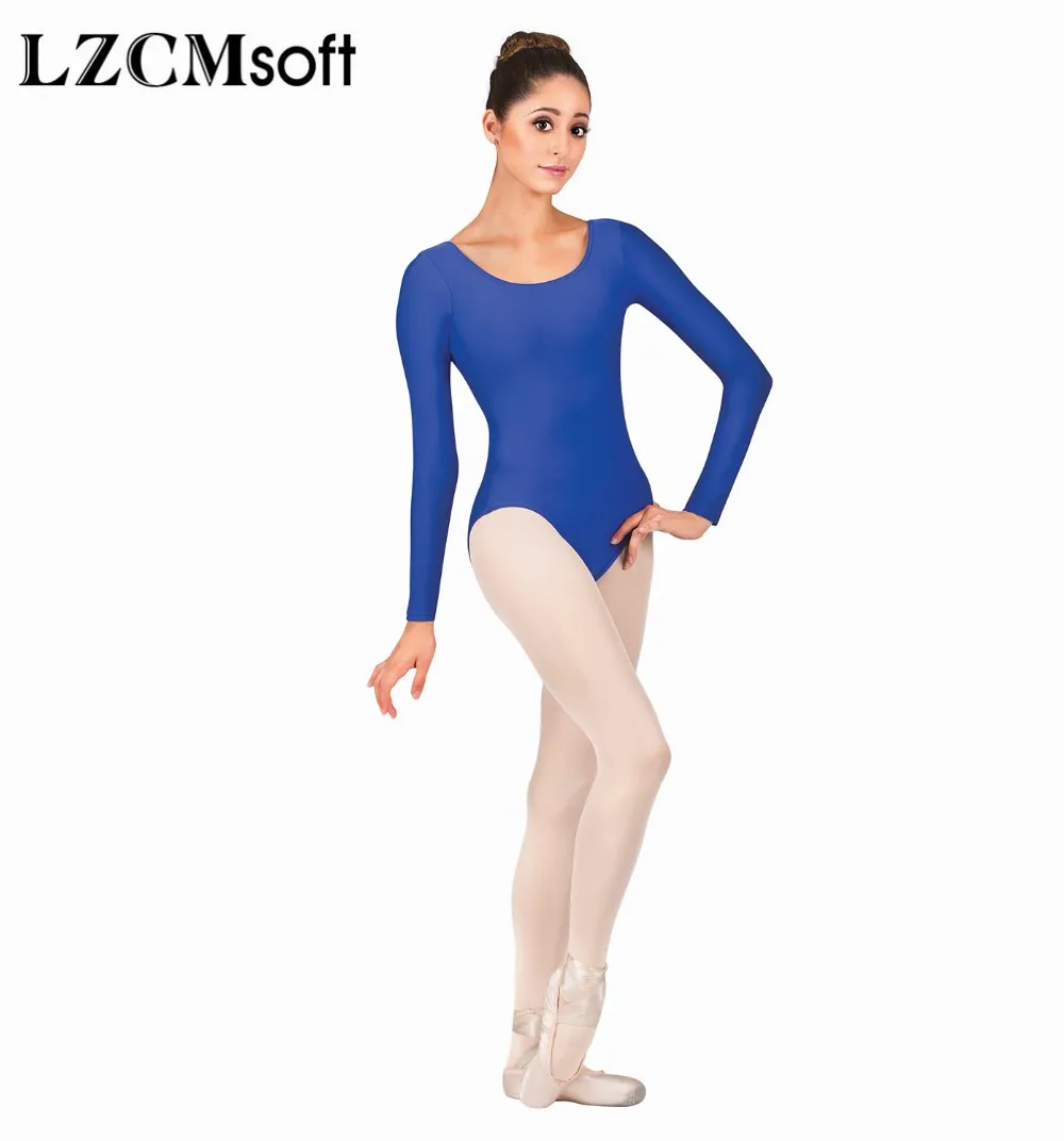 LZCMsoft Women Scoop Neck Long Sleeve Leotard Bodysuit Spandex Nylon Black Gymnastics Leotards Ballet Dancewear Short Unitards