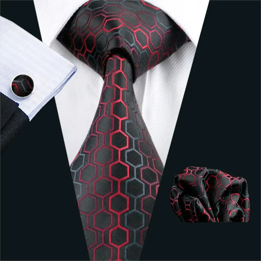 

FA-584 Mens Tie Red Geometric Silk Jacquard Neck tie Tie Hanky Cufflinks Set Ties For Men Business Wedding Party Formal Casual