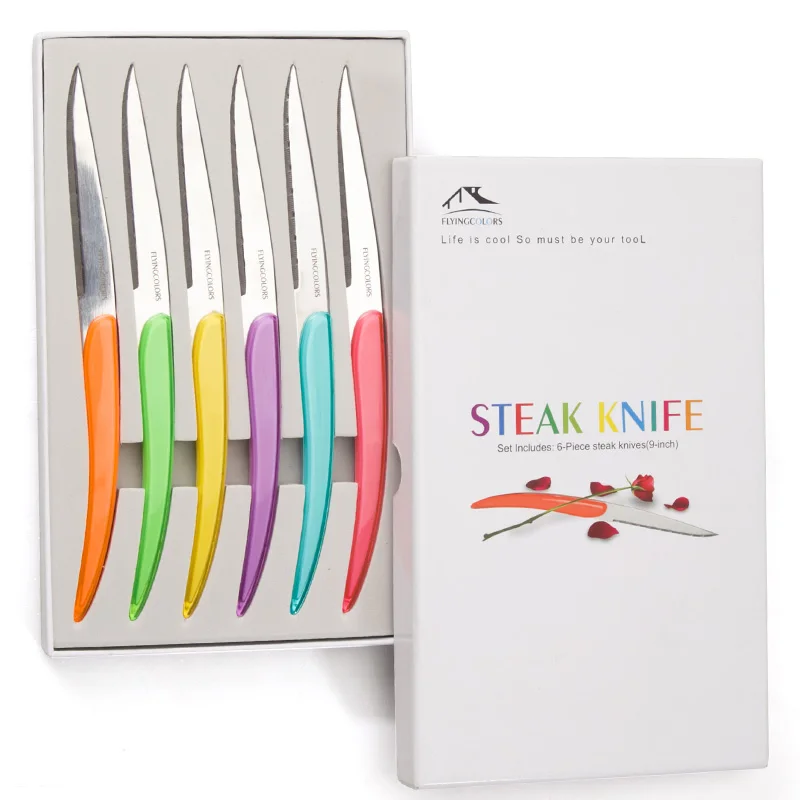 

Rainbow Steak Knives Wedding Gift Multicolor Dinner Knife Stainless steel Table Knives Colorful Acrylic Handle Flatware 9'' 6pcs