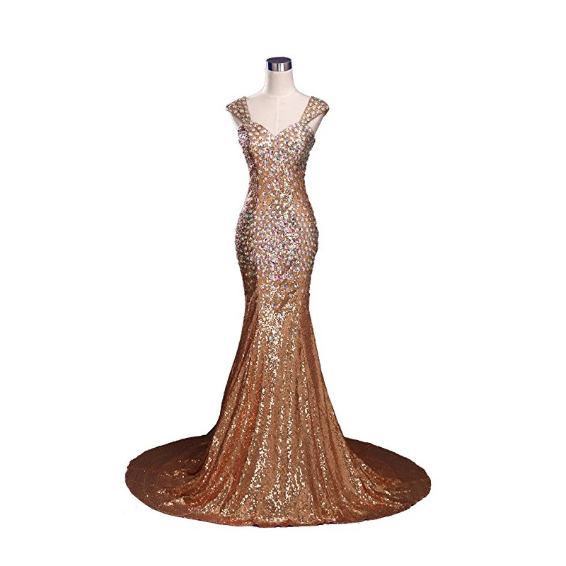 Elegant Mermaid Style Prom Dresses Cap Sleeves Diamonds Top 2019 Long Formal Party Dresses vestidos de formal Sweep Train