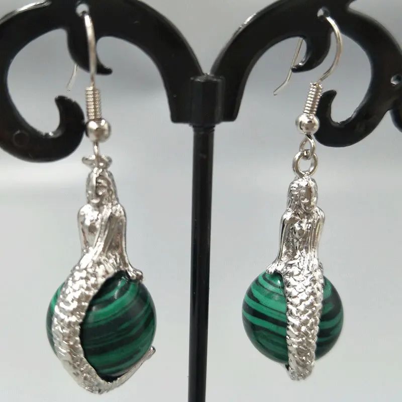 Fashion Jewelry  14mm Malachite Mermaid Spherical Beads Dangle Earrings C5313