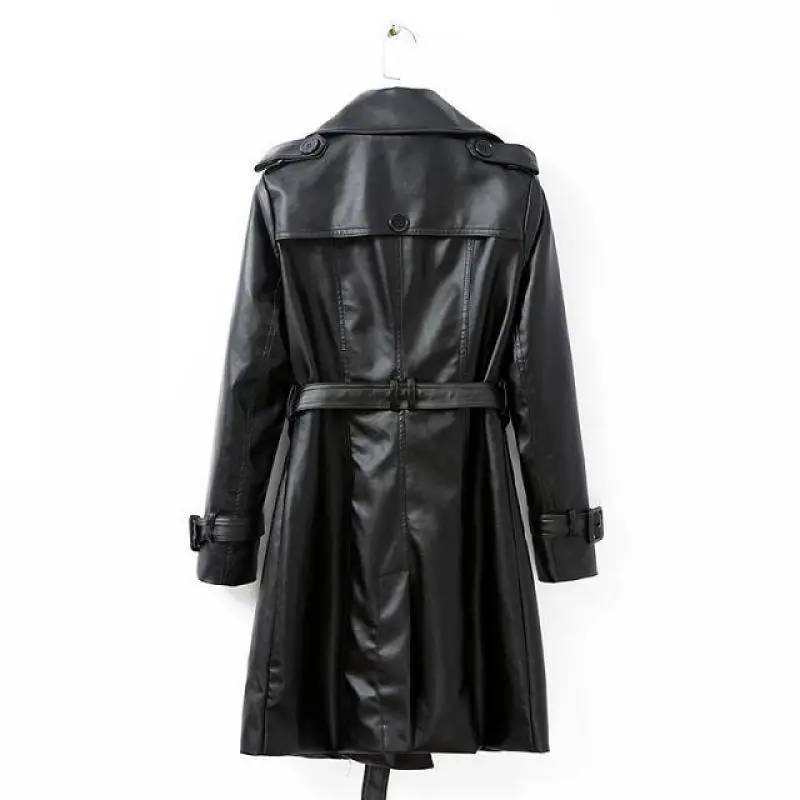 Plus Size Long Sleeve Female Overcoat Double-breasted Long Coat Ladies Windbreaker Women Spring Autumn Pu Leather Trench Coat