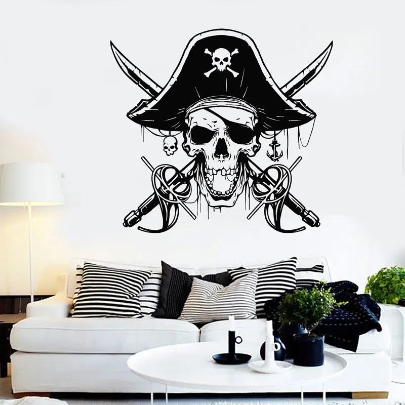 Pirate Sabers Skull Captain Sea Wall Sticker Nautical Home Decor For Kids Room Vinyl Decal Bathroom Wallpaper Bedroom Mural 3148