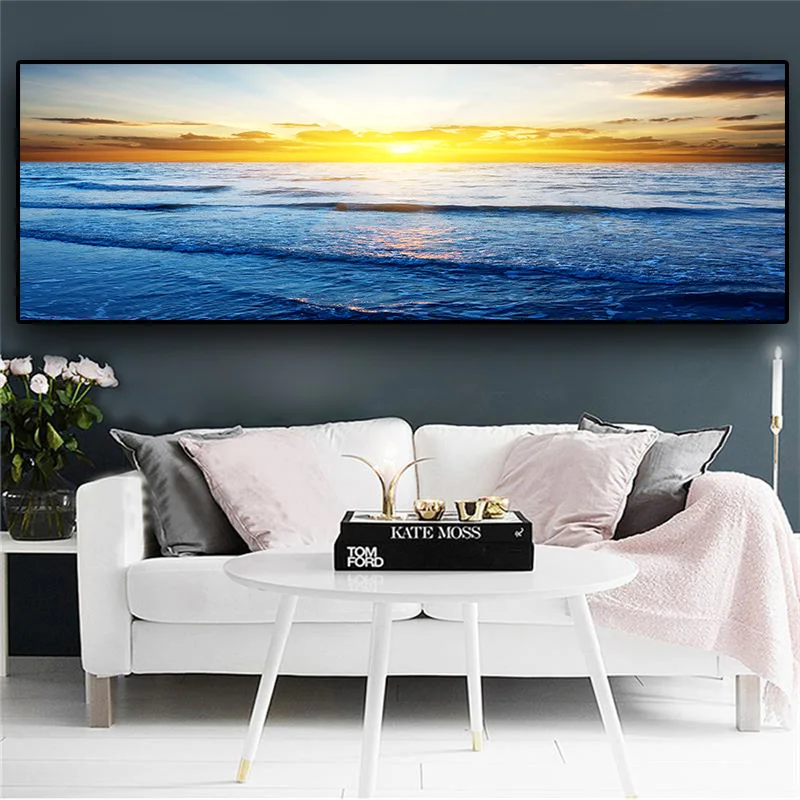 Nature Ocean Sea Waves Sunset Sky Clouds Panorama Landscape Canvas Painting Posters and Prints Wall Art Picture for Living Room