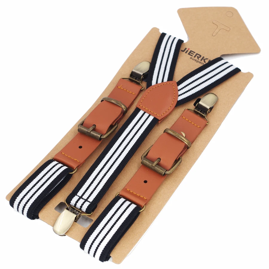 JIERKU Boy Suspender Kawat Gigi Bayi Kulit anak Fashion Celana Tali Suspender 3 Klip Perunggu Suspensorio 2.5*75 cm