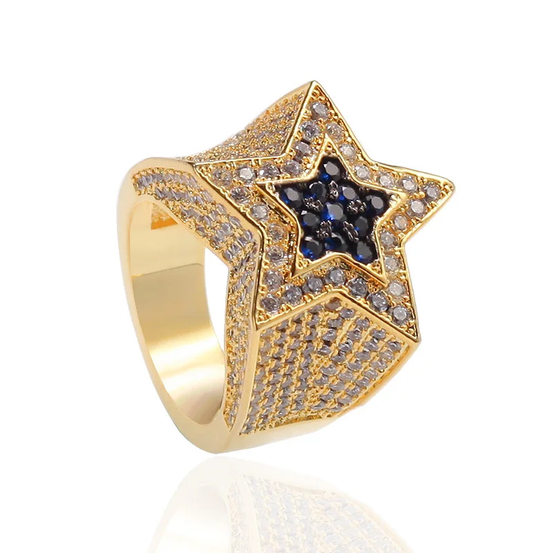 

Hip Hop AAA Cubic Zirconia Iced Out Star Ring Bling Bling Pentagram CZ Rings Men Women Fashion Jewelry Gold Color Drop Shipping