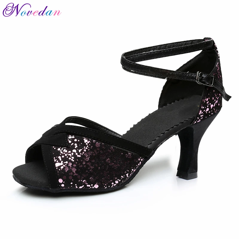 Glitter Salsa Dance Shoes Latin Woman Tango Shoes Female Ladies Latin Ballroom Dancing Shoes Black 5cm/7cm