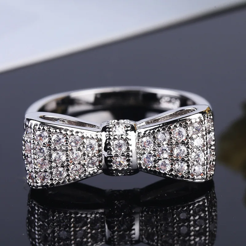 White Bow Zircon Wedding Ring for Women Micro-inlaid Simulation Ring Fashion Simple Jewelry Engagement Love Ring Birthday Gift